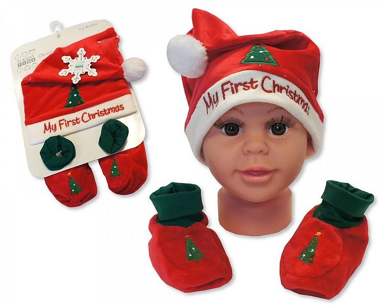 Baby Hat And Booties Gift Set My First Christmas Red