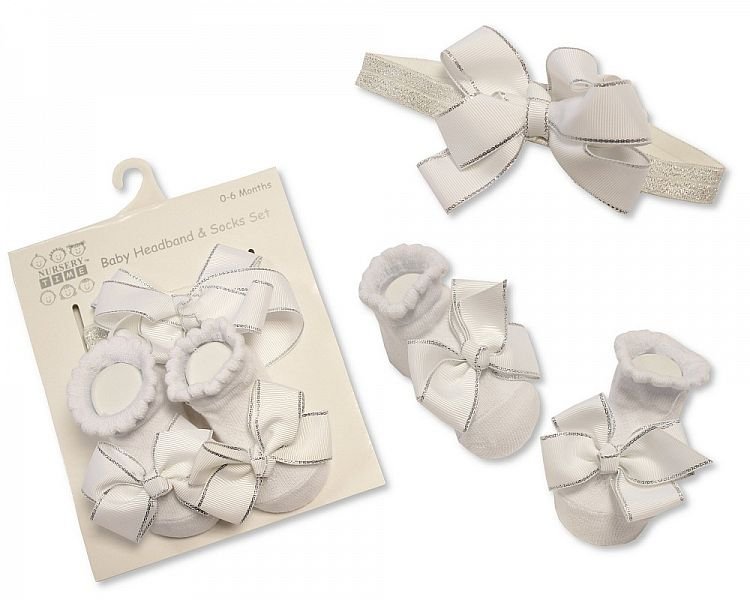 Buy Baby Socks And Headband Set White And Silver Colour