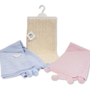 Buy Knitted Baby Wrap With Pointelle Pattern & Pom Poms In Uk