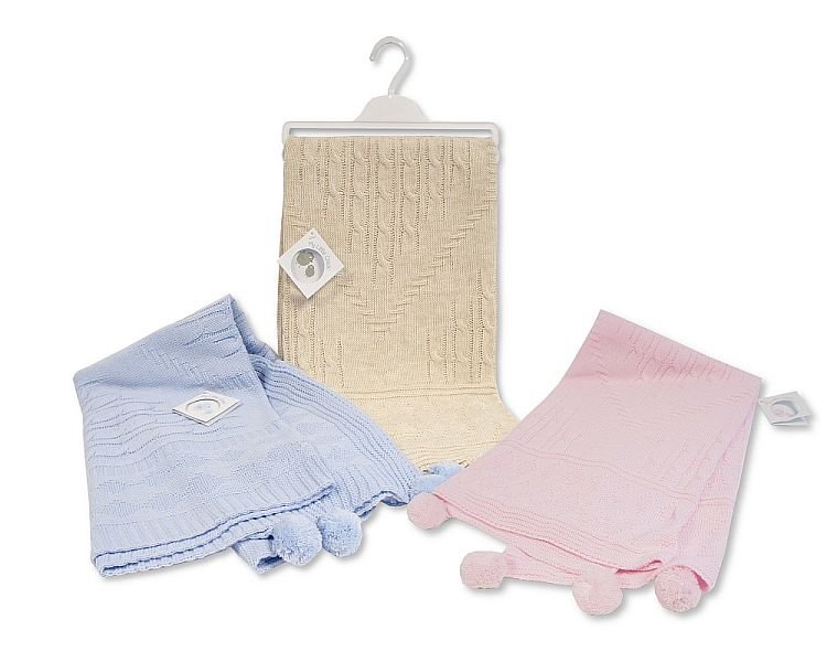Buy Knitted Baby Wrap With Pointelle Pattern & Pom Poms In Uk
